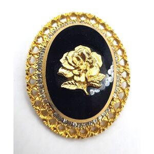 Vintage Rose Cameo Celebrity Brooch Pin Crystal Inset 2in